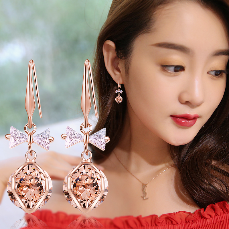 网红耳环S925银领结灯笼水晶锆石耳饰蝴蝶结防过敏耳钩厂家批发