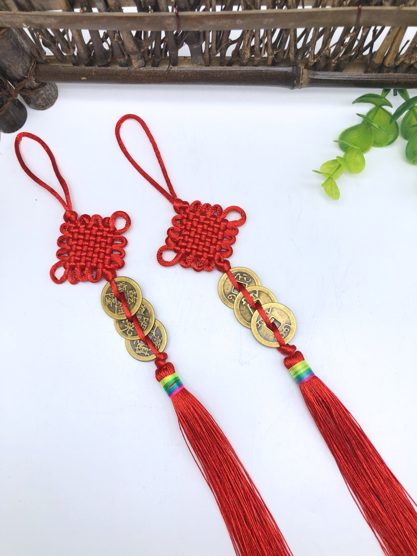 6盘结三帝串 三帝铜钱红绳中国结挂件 黄铜车挂