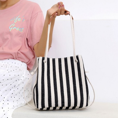 Simple Canvas Bag Bucket Bag Fresh Striped Shoulder Bag Women‘s Crossbody Handbag Bags