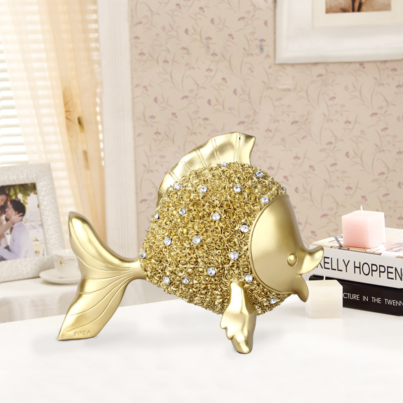 欧式金蓝玫瑰镶钻金鱼树脂摆件工艺品 客厅卧室树脂工艺品摆设
