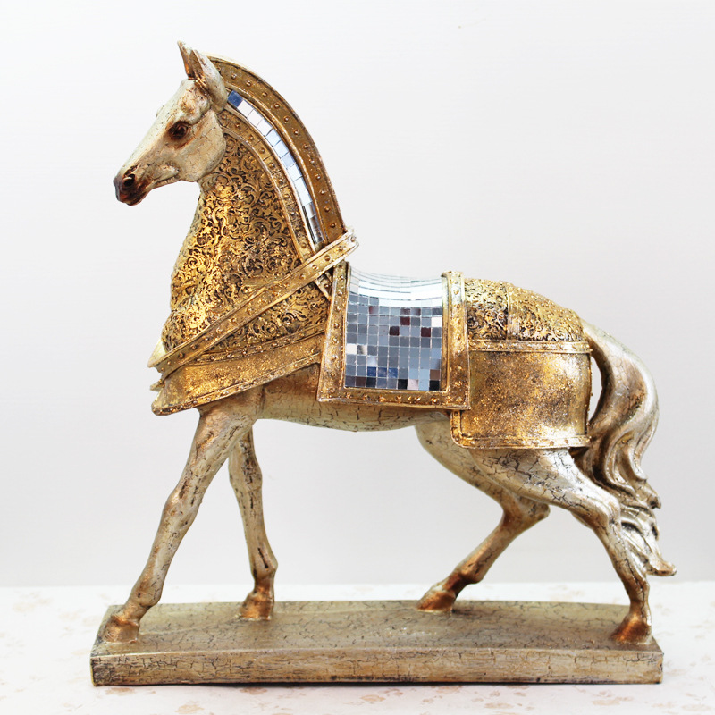 树脂工艺品 现代简约金色披甲战马树脂摆件 家居装饰品橱窗摆设