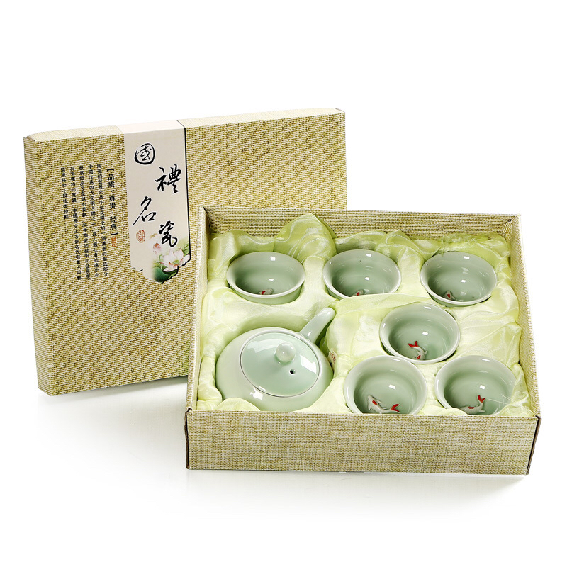青瓷茶具鱼杯1壶6杯