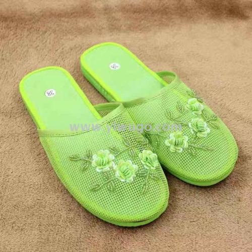 indoor home mesh slippers soft bottom thick mesh embroidered pu mid-bottom slippers multi-color optional factory direct sales