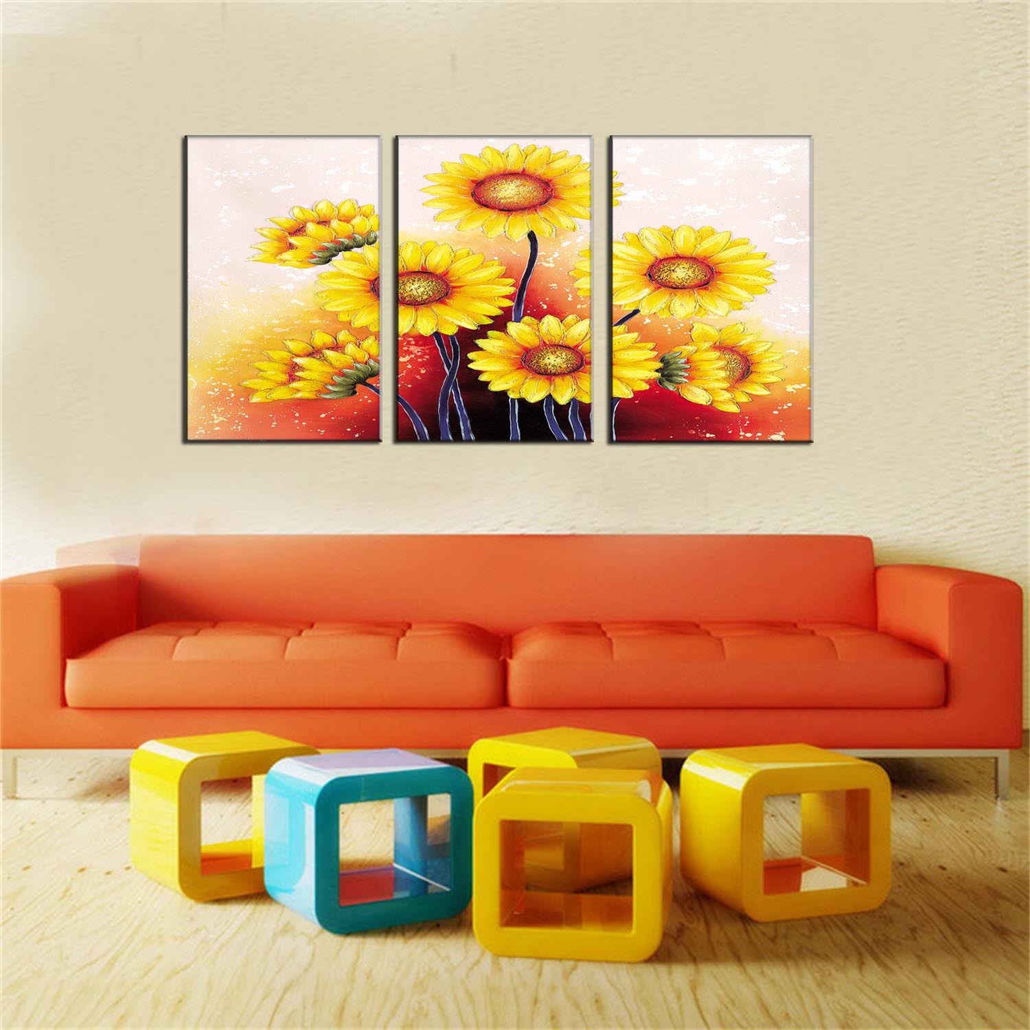 沙发背景墙向日葵油画美式装饰画客厅卧室玄关餐厅三联一件代发
