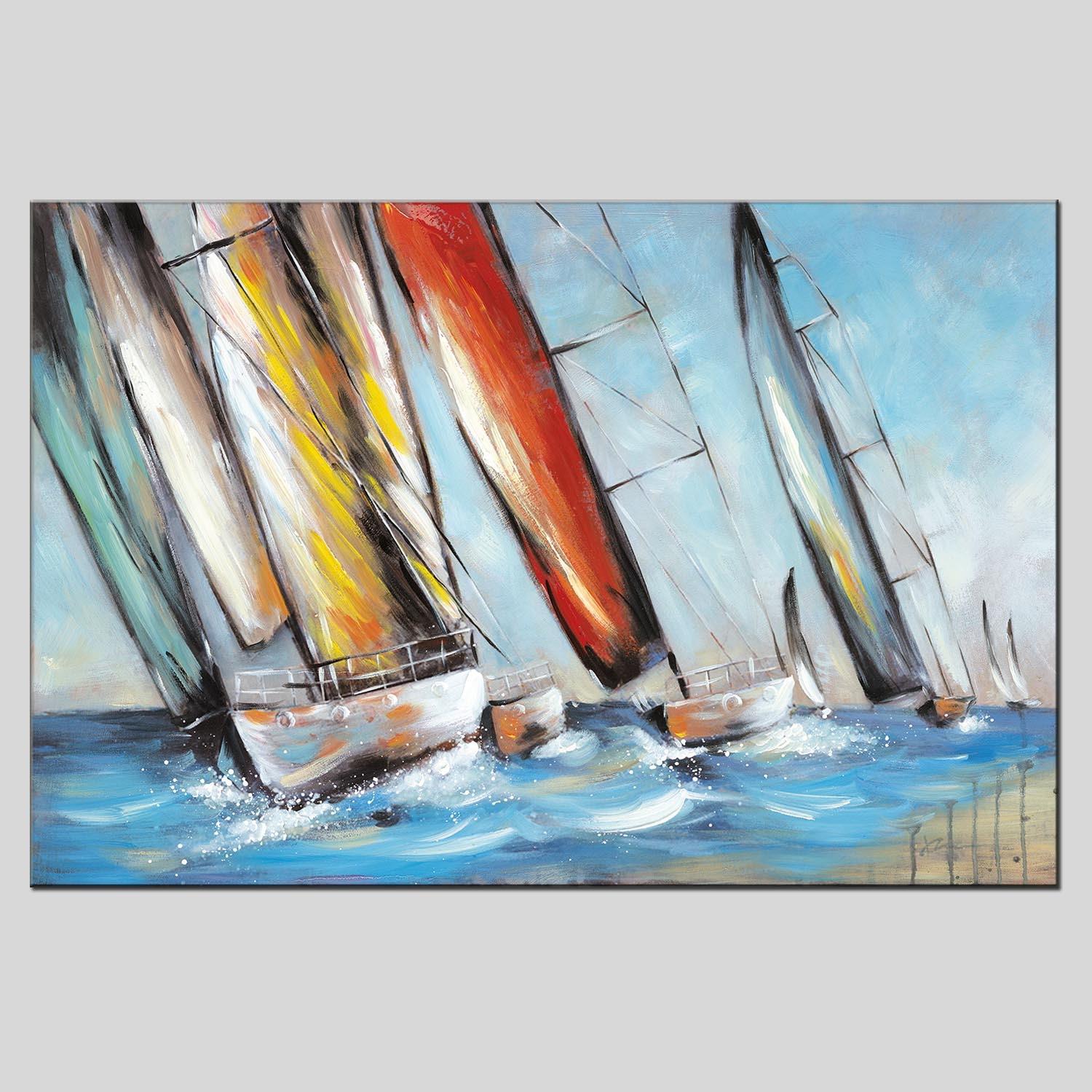 半手绘油画横版玄关装饰画海景一帆风顺挂画现代简约大幅壁画帆船