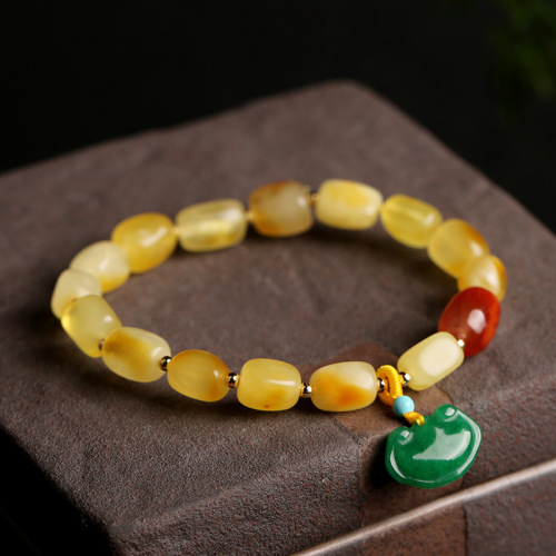 s925 sterling silver natural beeswax amber with shape bracelet hanging hetian jade safety lock women‘s bracelet high-end