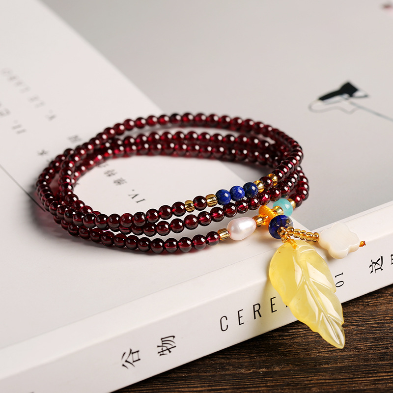 天然石榴石三圈手链 蜜蜡琥珀吊坠DIY女式多圈手串 节节高树叶