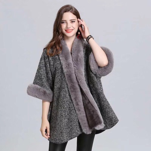 shawl imitation fox fur collar mid-length cape shawl women‘s fur coat plus size fleece-lined thick knit cardigan
