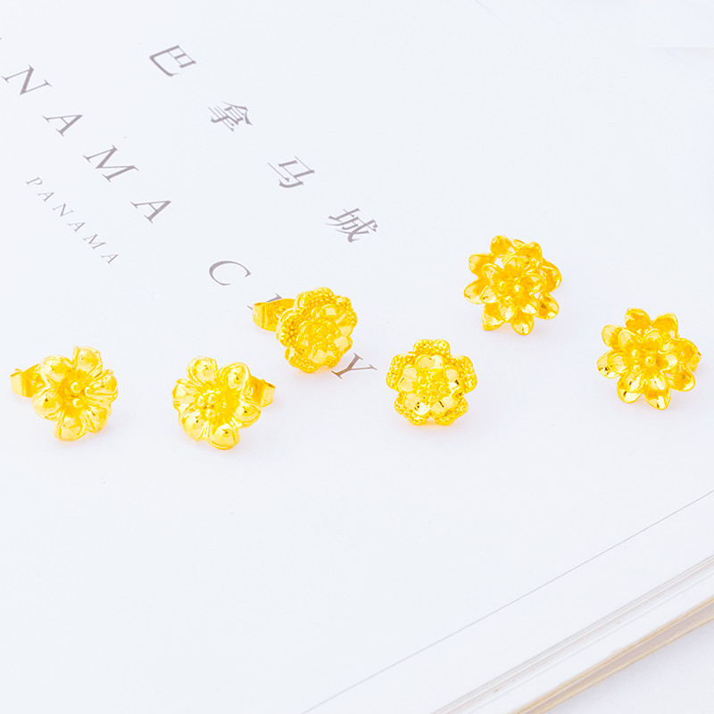 越南沙金批发镀金花朵耳钉女百搭简约女士耳饰一卡12对防过敏耳钉