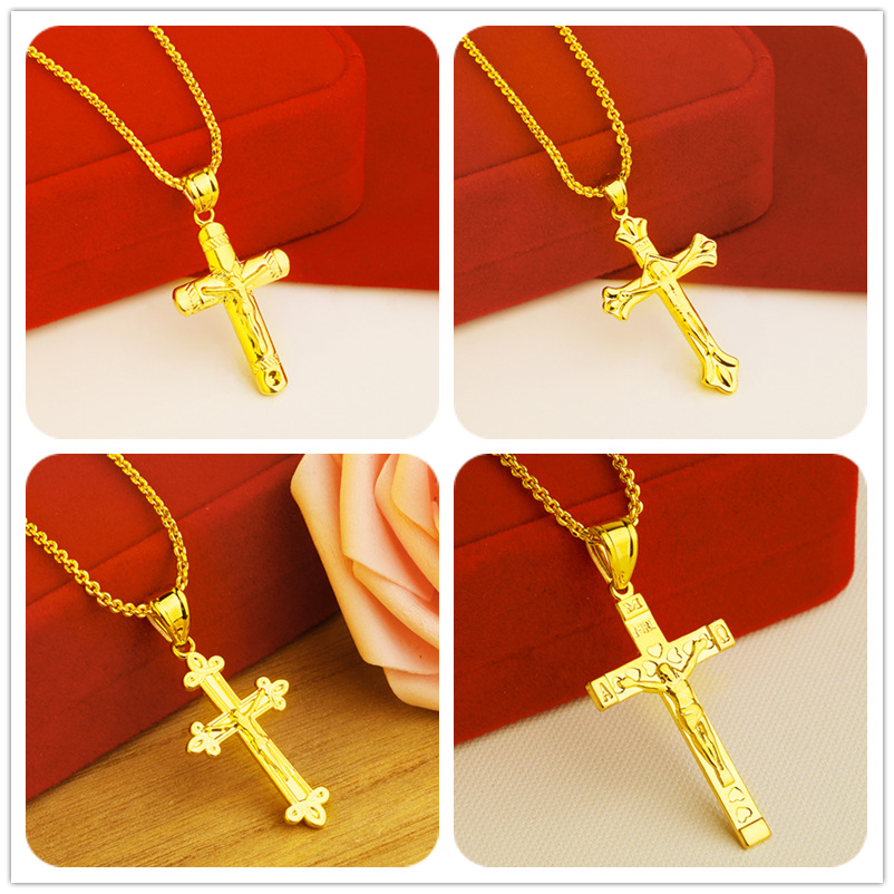 越南沙金女式油压耶稣十字架精美花边吊坠女士饰品火烧金项饰批发