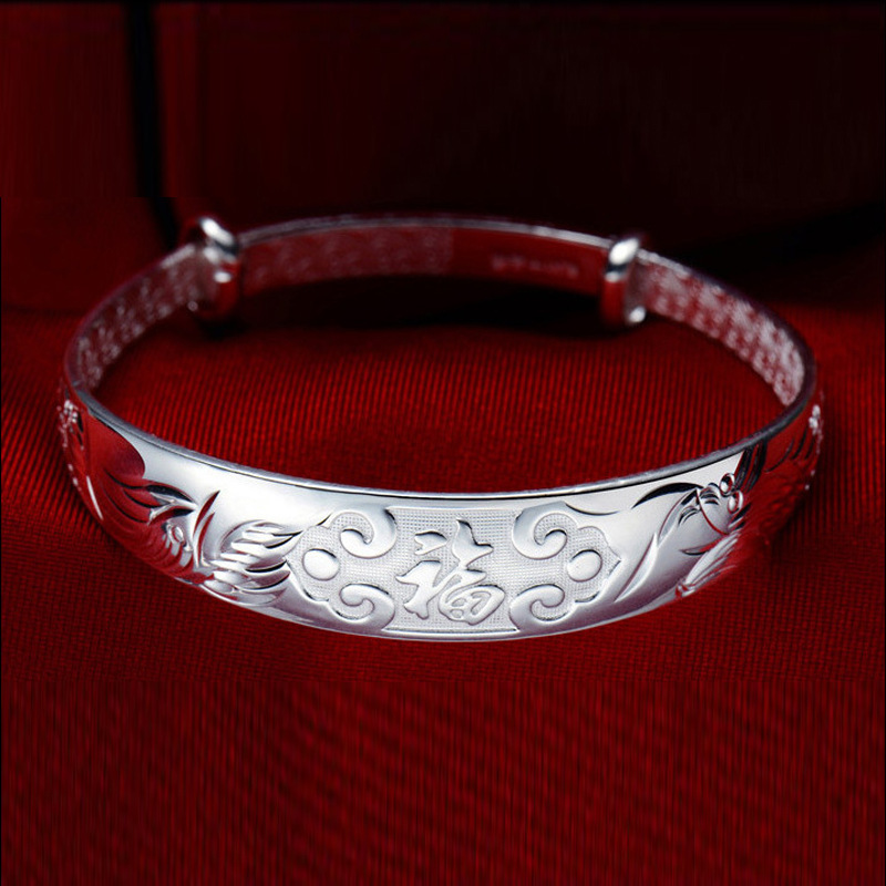 网红抖音同款苗银纹银龙凤手镯女士复古合金镀银龙凤纳福手镯批发