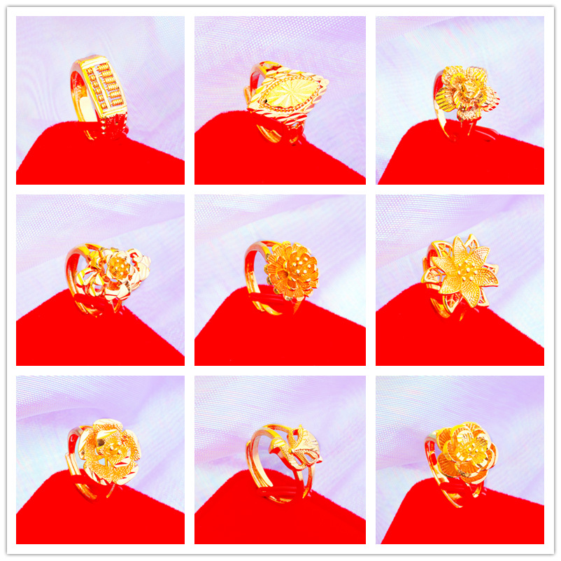越南沙金花朵开口戒指女 仿黄金简约复古女戒黄铜镀24k真金指环