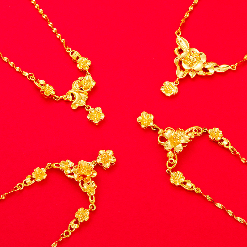 铜镀24k金女士花朵项链越南沙金女士连体链新娘结婚套链锁骨链