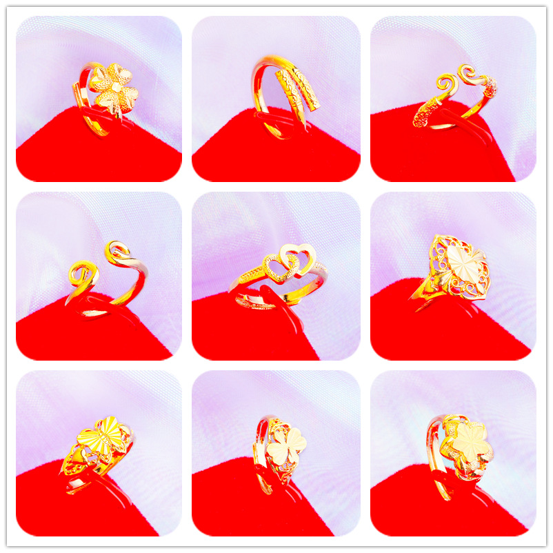 越南沙金四叶草/紧箍咒/双爱心等女士开口戒指快手直播热销产品