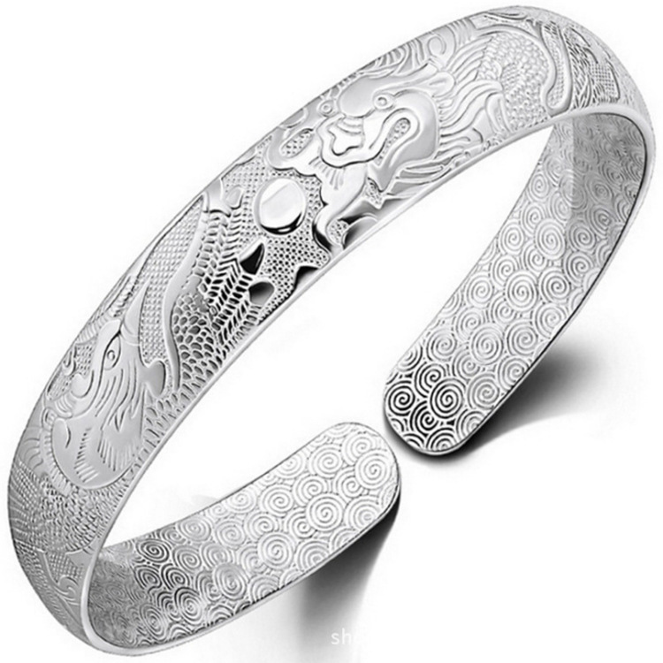 龙凤银手镯 复古时尚手镯银饰 民族风龙凤呈祥手环老人银饰品批发
