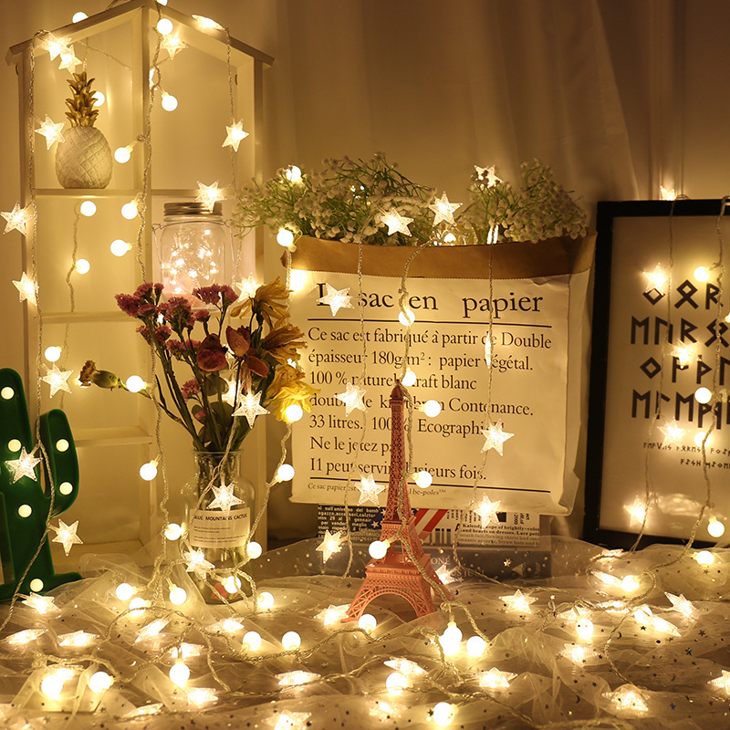 跨境批发LED星星圆球小彩灯电池盒插电灯串 满天星节日布置装饰