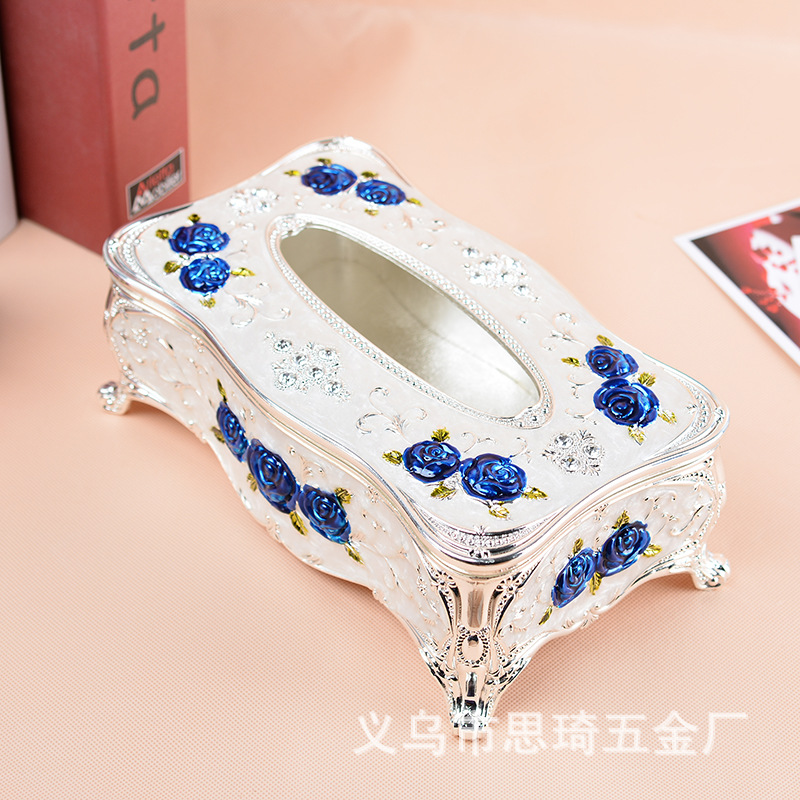 大号高档蓝玫瑰白色锌合金纸巾盒合金抽纸盒餐巾纸盒 家用汽车用