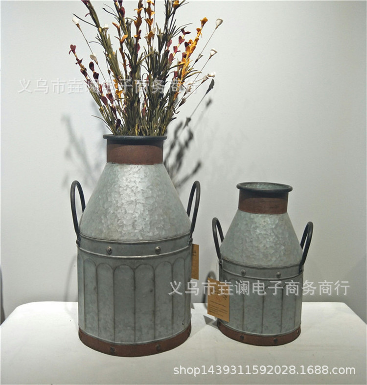 复古铁艺双耳铁皮花筒仿真花桶装饰品花瓶干鲜花花器