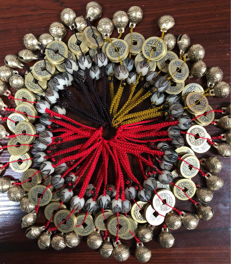 厂家供应菩提根五帝铜钱虎头铃钥匙扣挂件 纪念币家居挂件