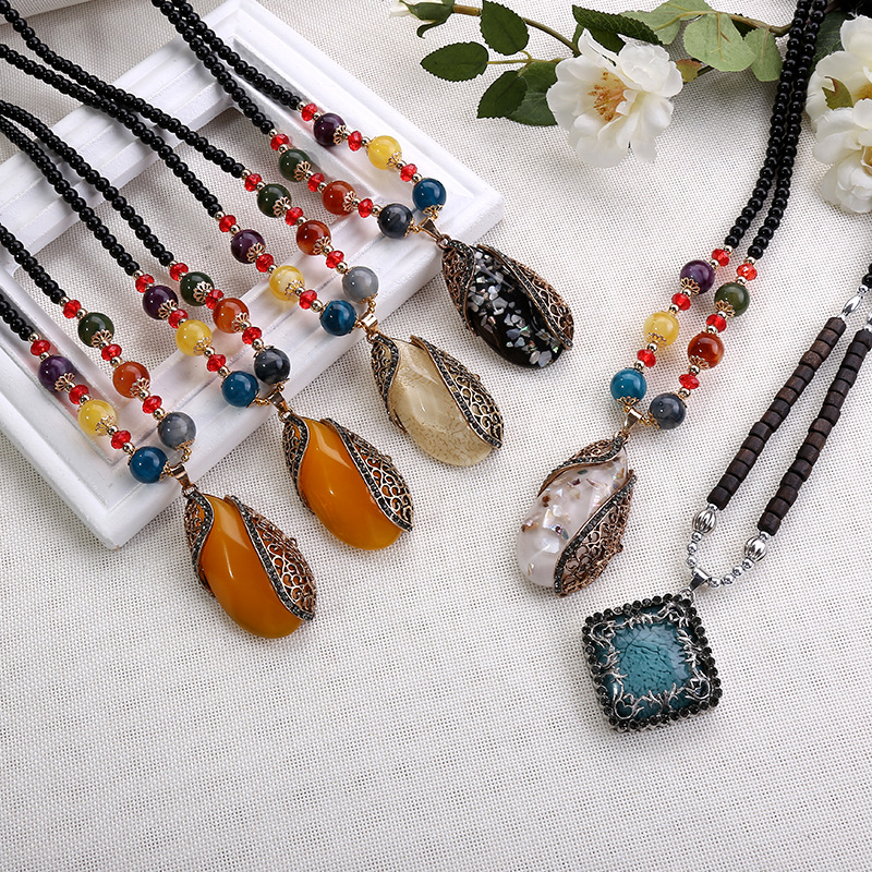 民族风串珠项链饰品欧美大牌彩珠项吊坠宝石毛衣链景区纪念品