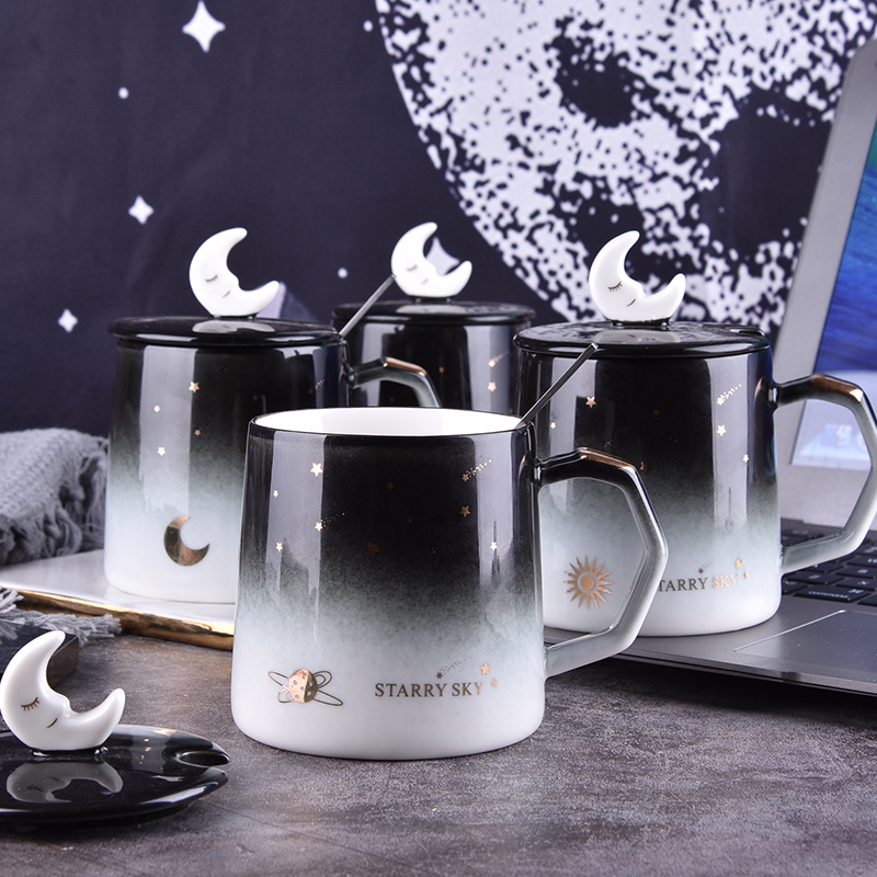 浩瀚星空陶瓷杯子创意马克杯带盖勺情侣款水杯（60个/箱）