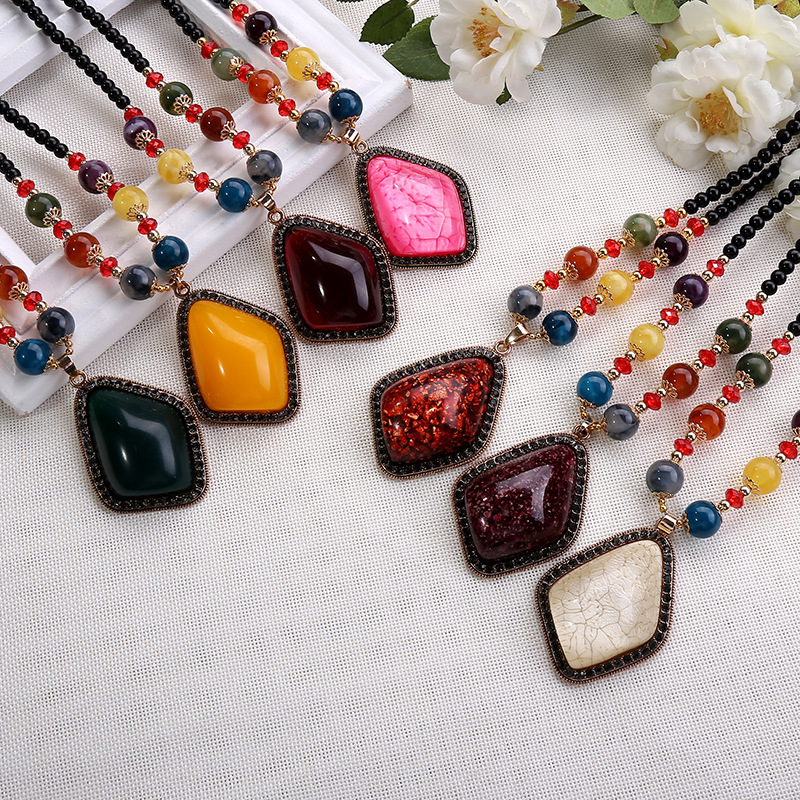 民族风串珠项链饰品欧美大牌首饰彩珠项吊坠百搭宝石毛衣链批发