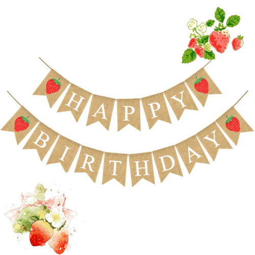 holiday supplies strawberry theme birthday party decoration garland happy birthday burlap swallowtail flag