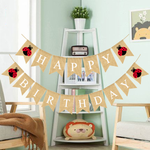 holiday supplies children‘s birthday party decoration garland ladybird happy birthday linen flag