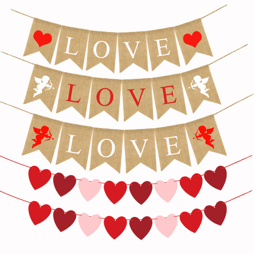 Wholesale Proposal Engagement Valentine‘s Day Party Decoration Garland Love Cupid Linen Dovetail Hanging Flag