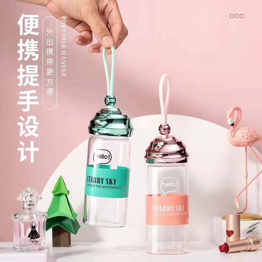 广州富全尼拉简语单层透明高鹏玻璃水杯男女学生便携硅胶提绳杯