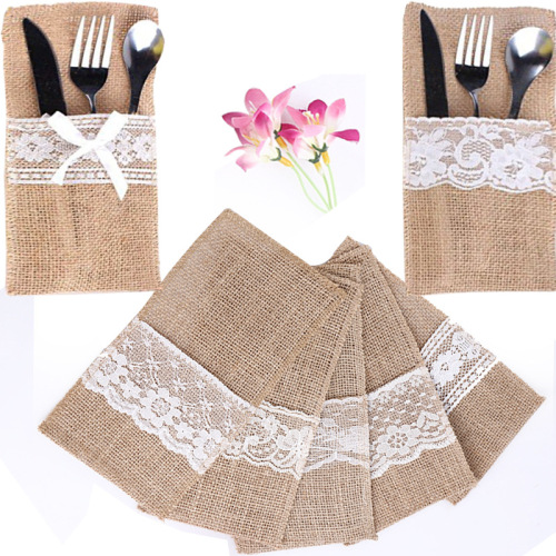 factory direct european jute lace tableware bag knife and fork decoration bag wedding party supplies knife and fork bag