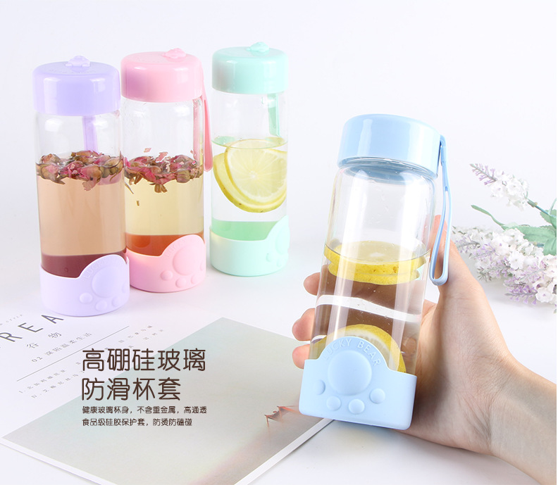 【厂家直销】广州富全小熊玻璃杯学生用水杯布套防烫暖手时尚便携