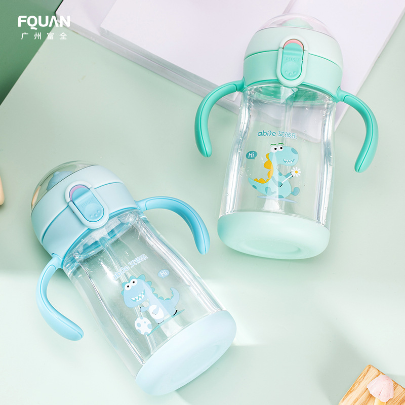 厂家直销新款儿童萌龙吸管杯带手柄提绳透明防摔防漏硅胶吸嘴水杯