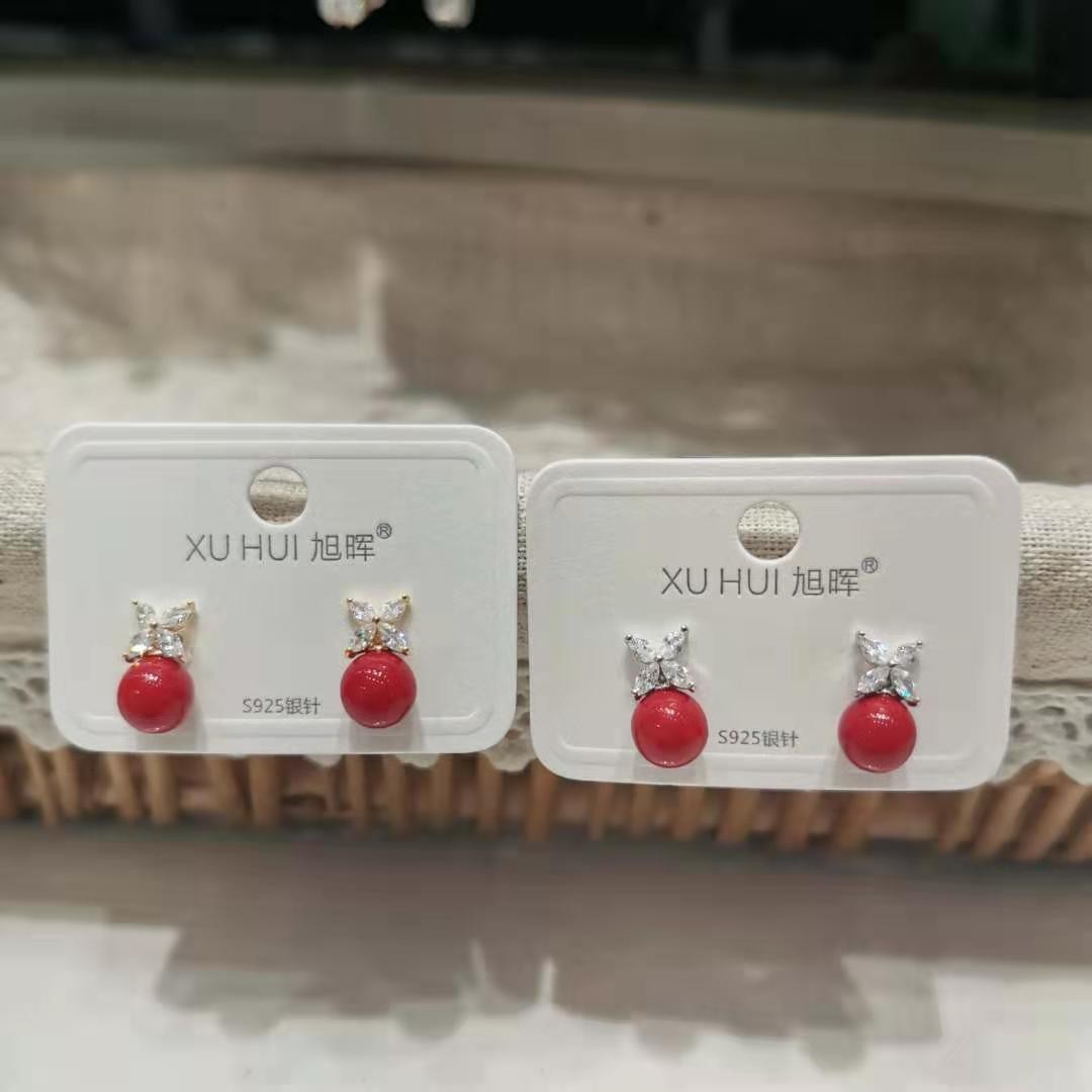 暖冬喜庆红石榴珠耳钉 S925纯银耳针铜镀真金 日韩风潮耳钉 女
