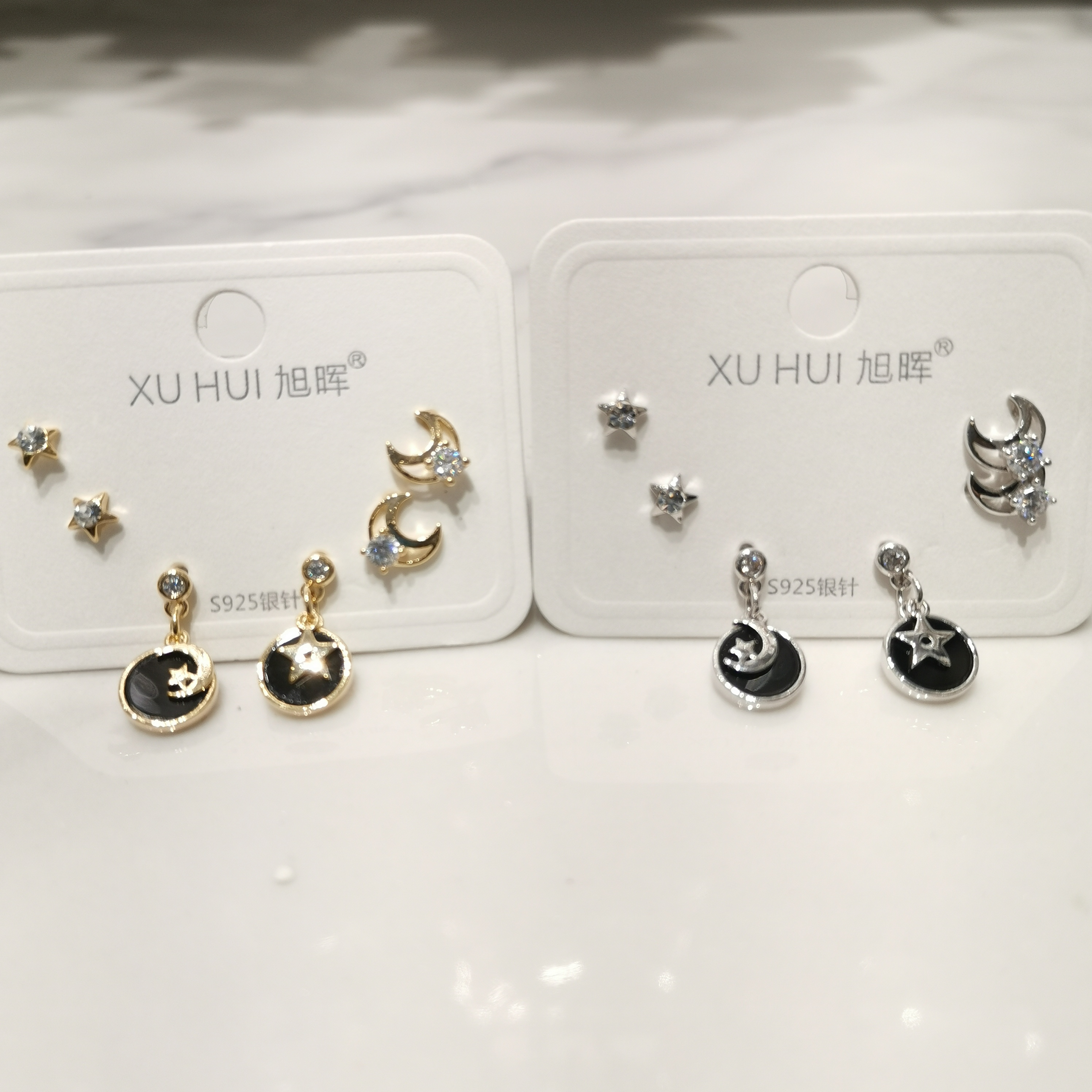 S925银针六只一卡 星月耳钉 铜镀真金镶4A锆石 个性简约耳钉 女