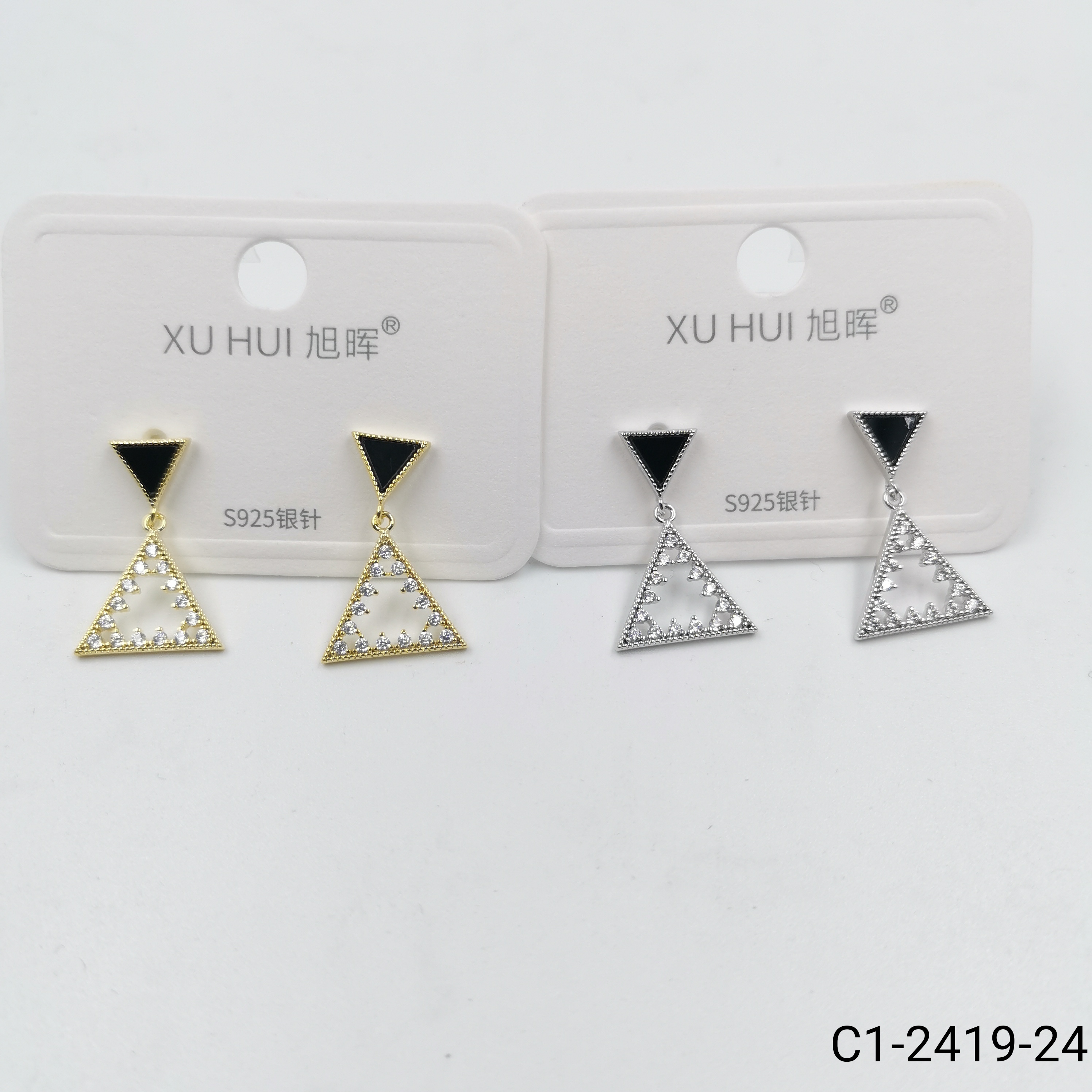 S925银针个性小耳钉 铜镀真金镶4A锆石 简约时尚高品质饰品