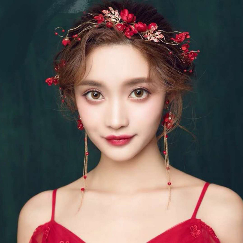 敬酒民族风气质手工复古发梳2018花苞配饰中式婚礼新娘头饰服红色