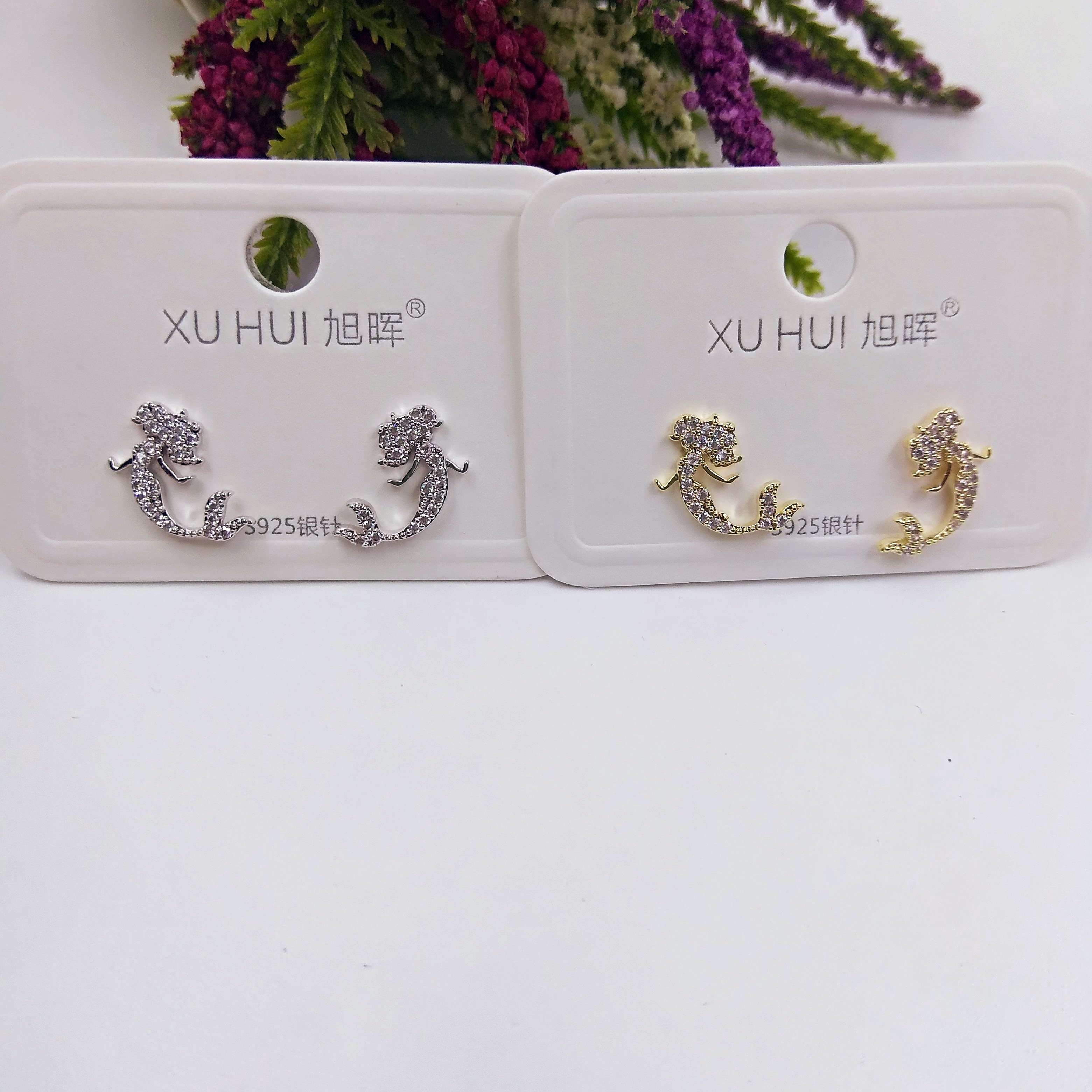 义乌S925银针美人鱼小耳钉 铜镀真金镶4A锆石 简约时尚高品质饰品