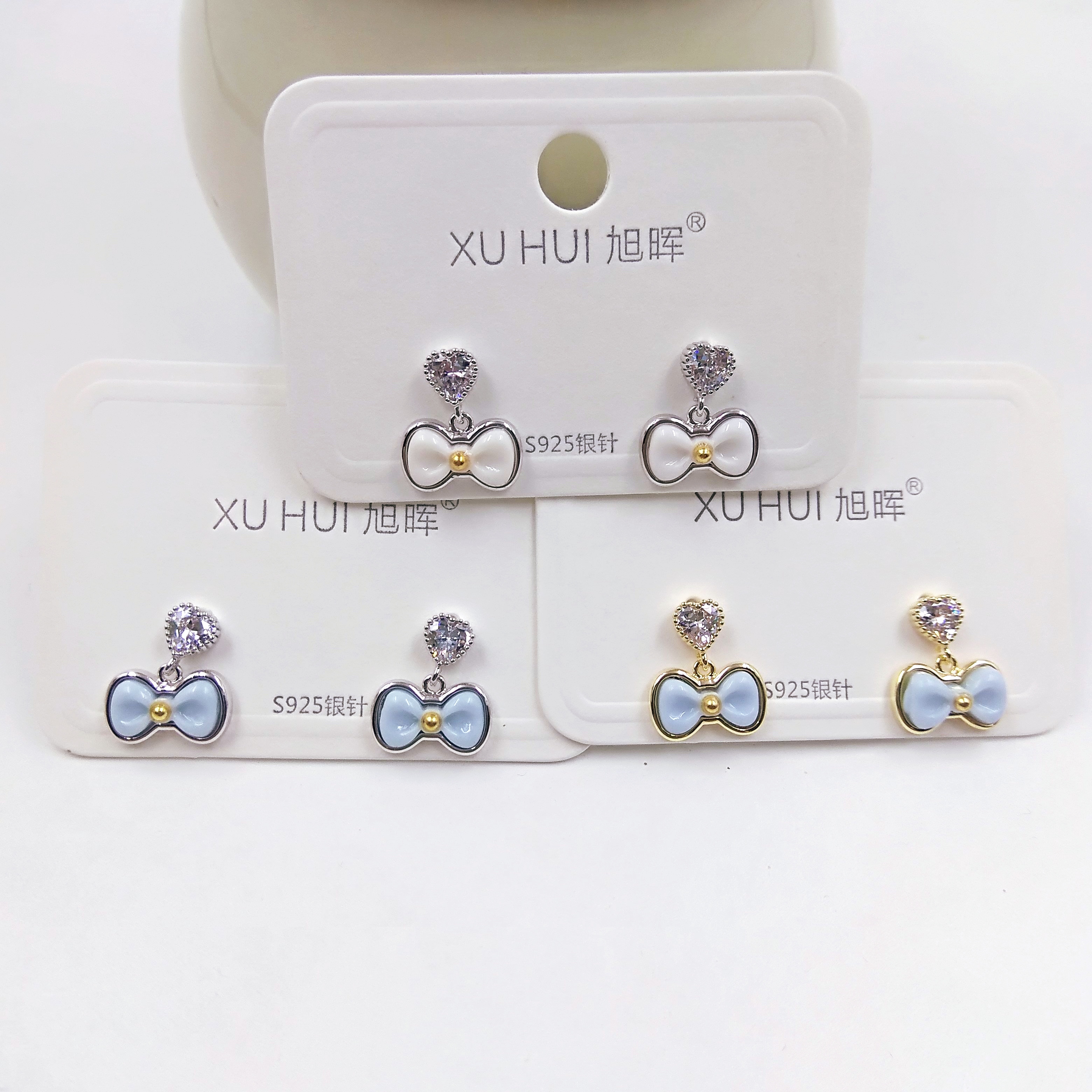 S925银针彩色蝴蝶结小耳钉 铜镀真金镶4A锆石 简约时尚高品质饰品