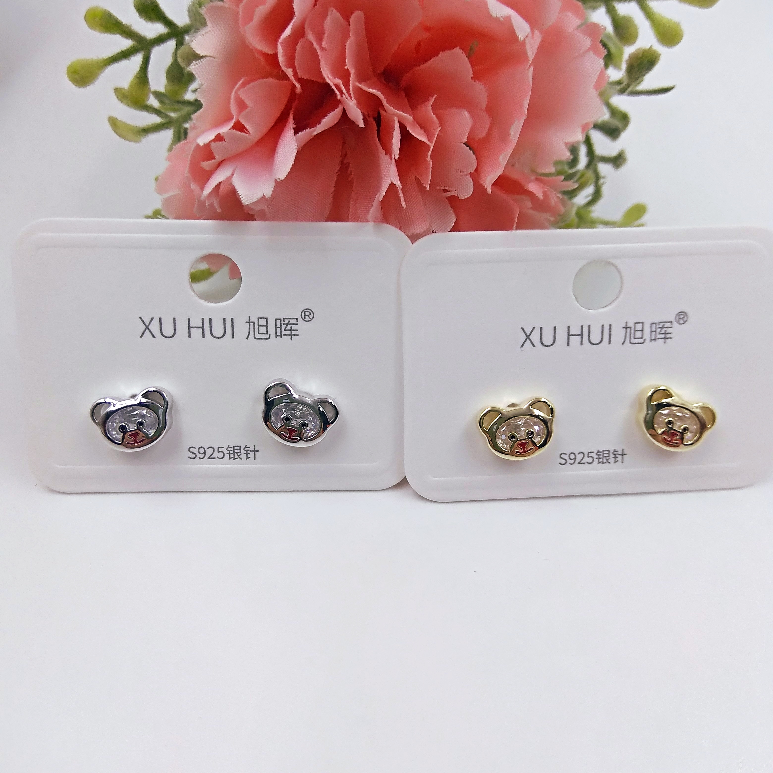 义乌S925银针 小熊小耳钉 铜镀真金镶4A锆石 简约时尚高品质饰品