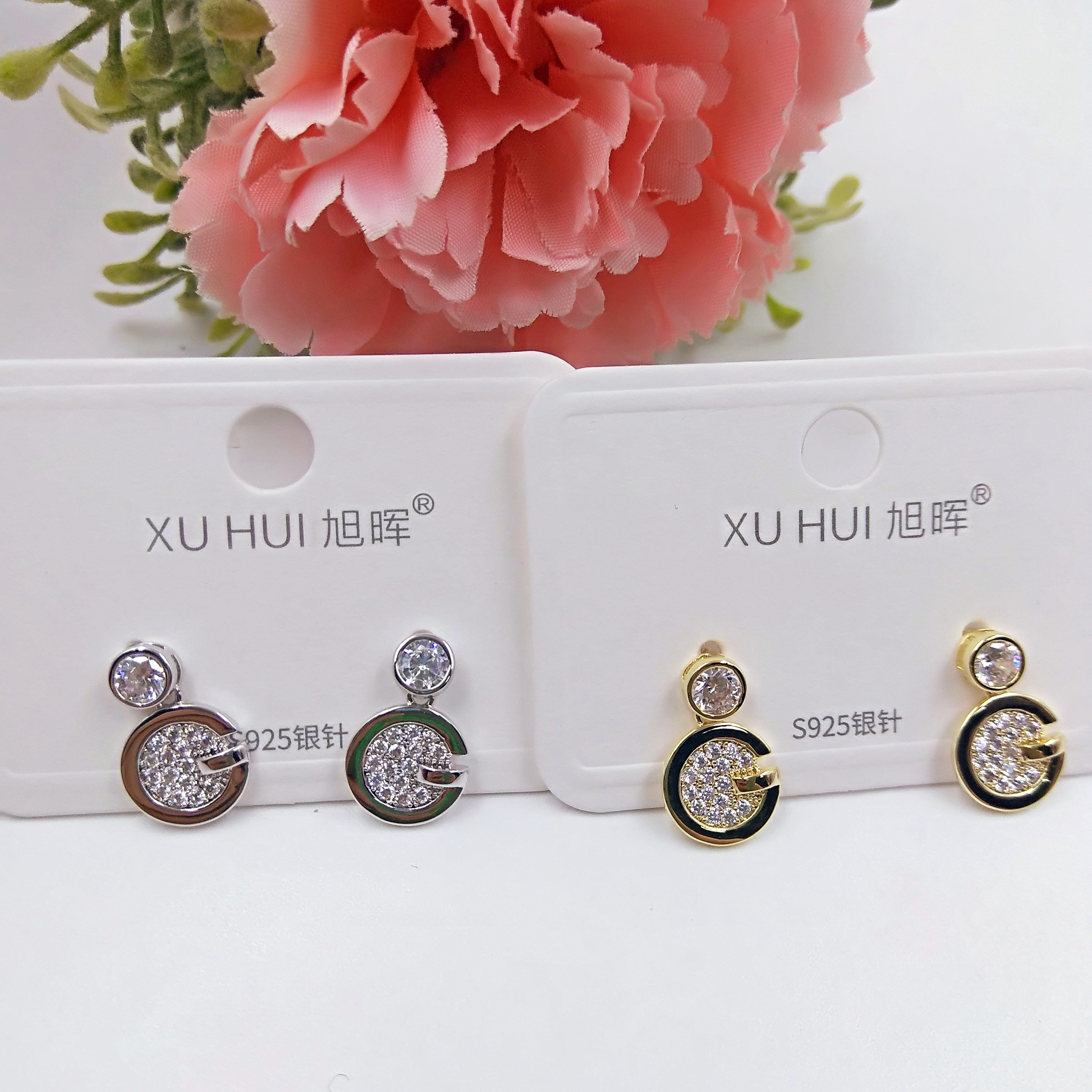 S925银针经典小耳钉 铜镀真金镶4A锆石 简约时尚高品质饰品