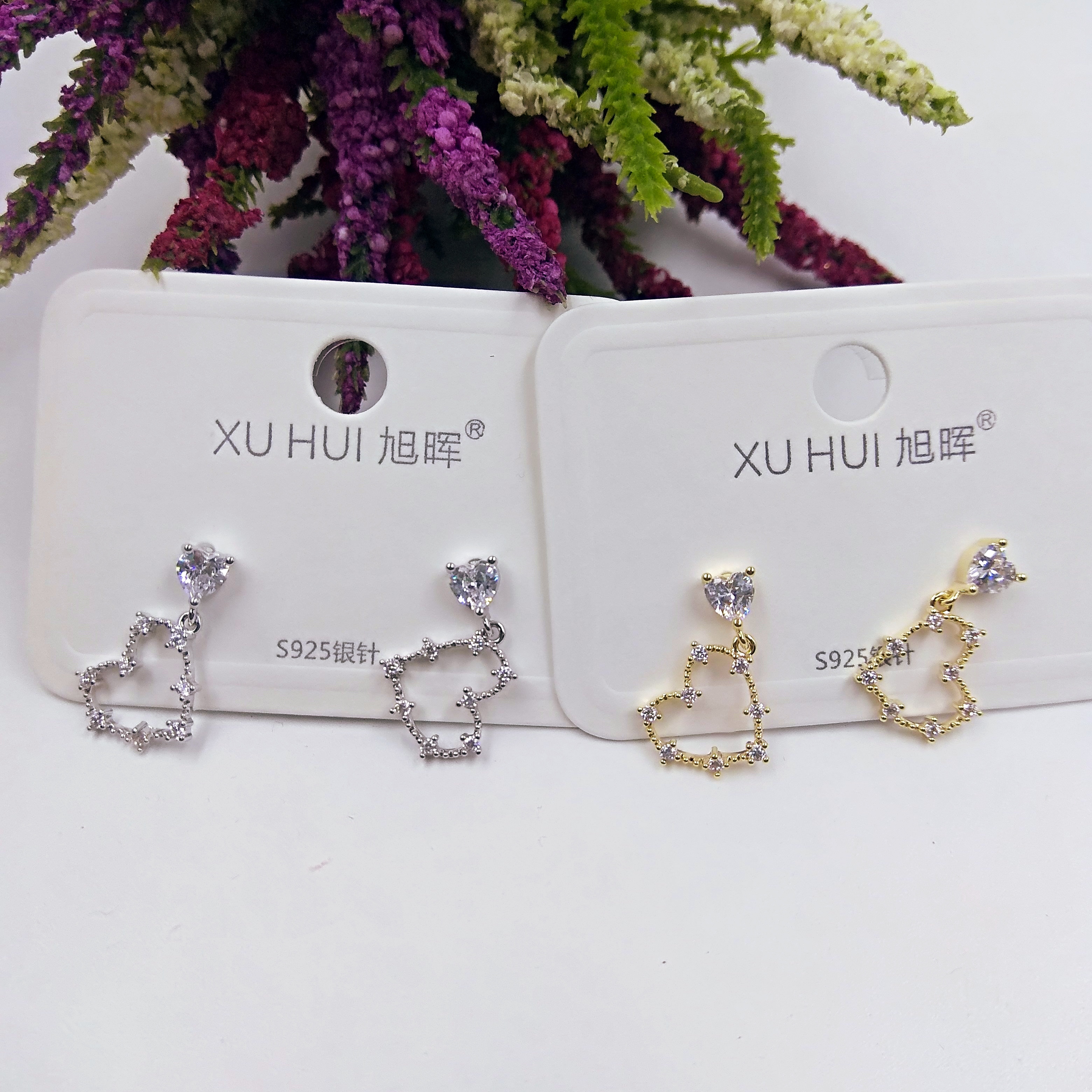 义乌S925银针 心形小耳钉 铜镀真金镶4A锆石 简约时尚高品质饰品