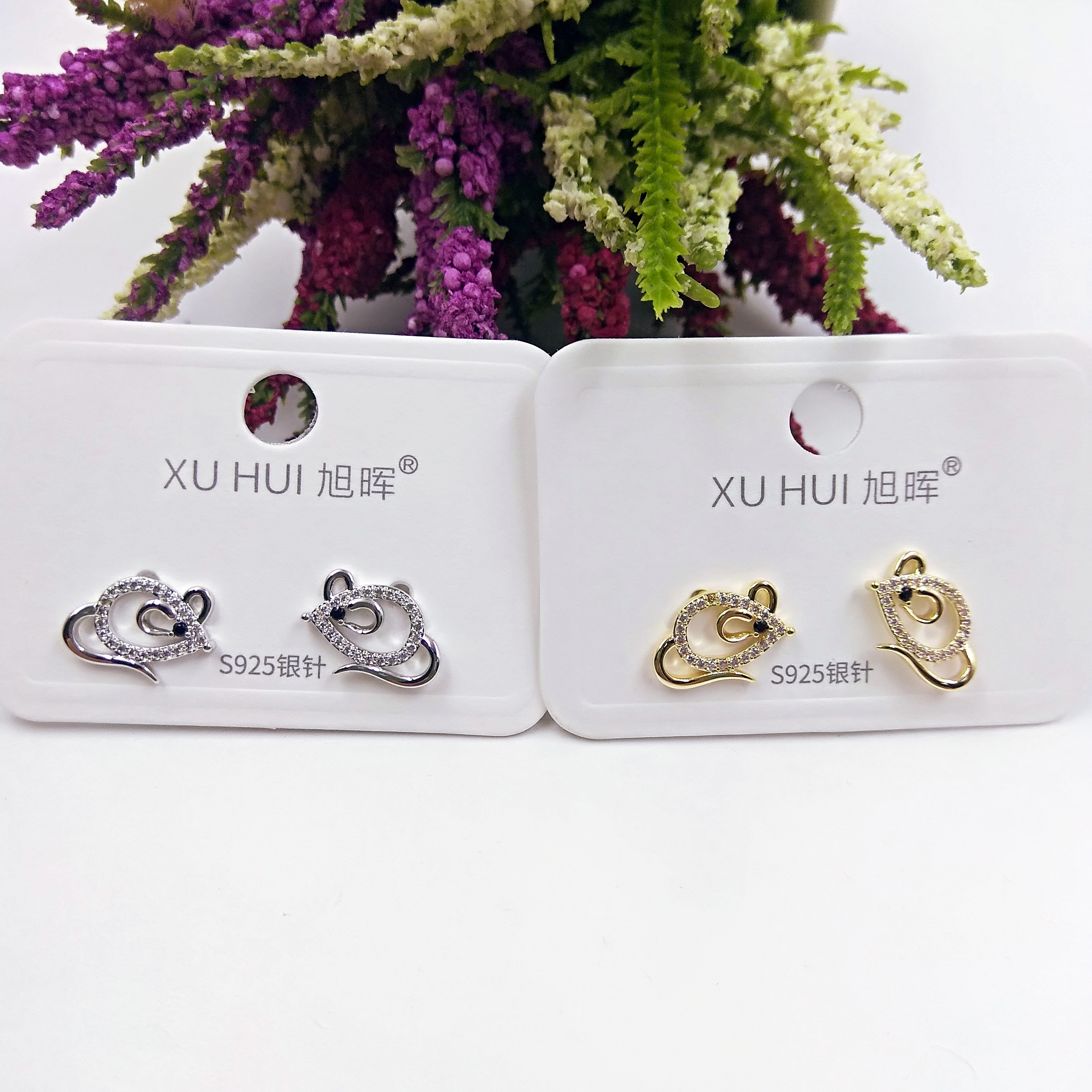 义乌S925银针 老鼠小耳钉 铜镀真金镶4A锆石 简约时尚高品质饰品