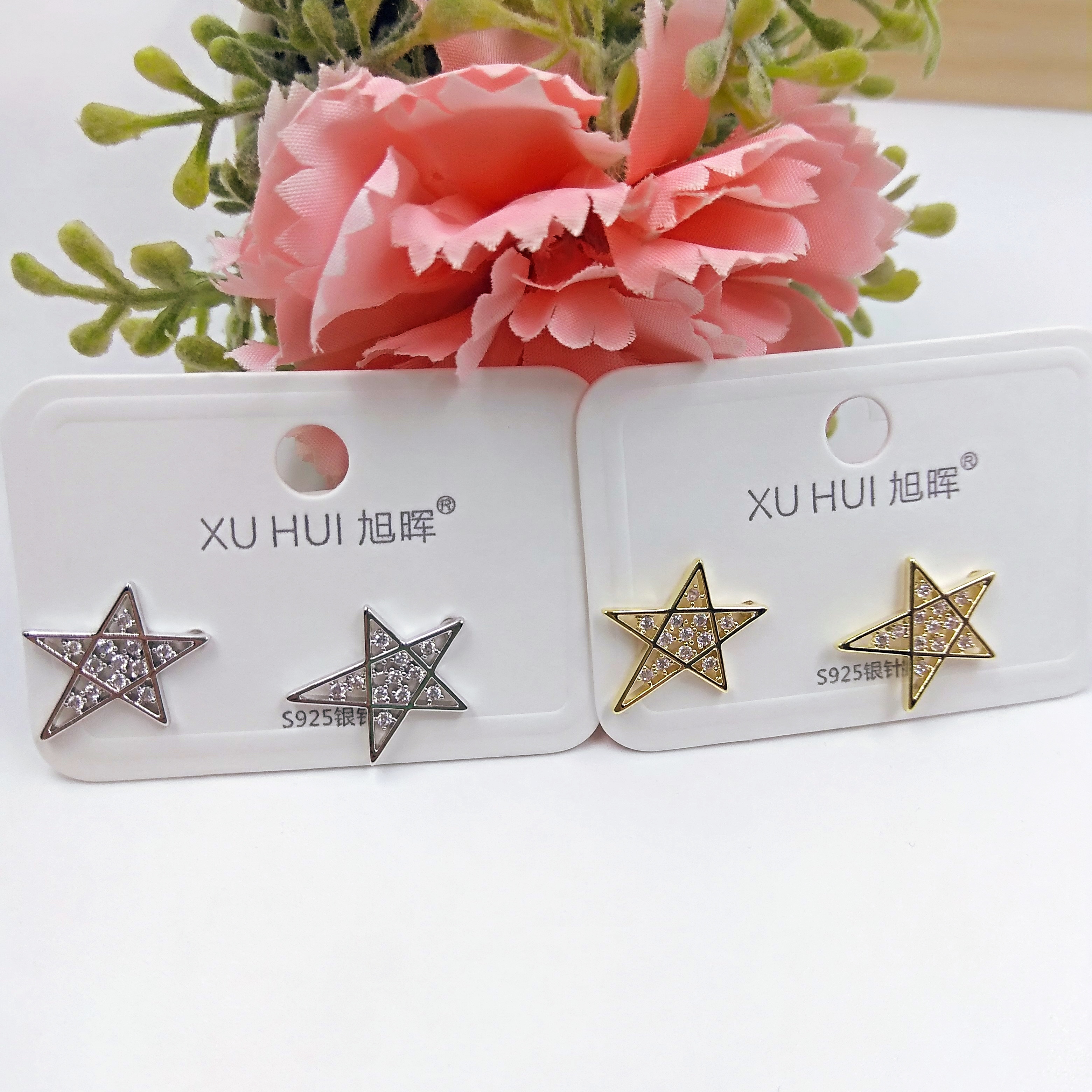 S925银针 五角星小耳钉 铜镀真金镶4A锆石 简约时尚高品质饰品