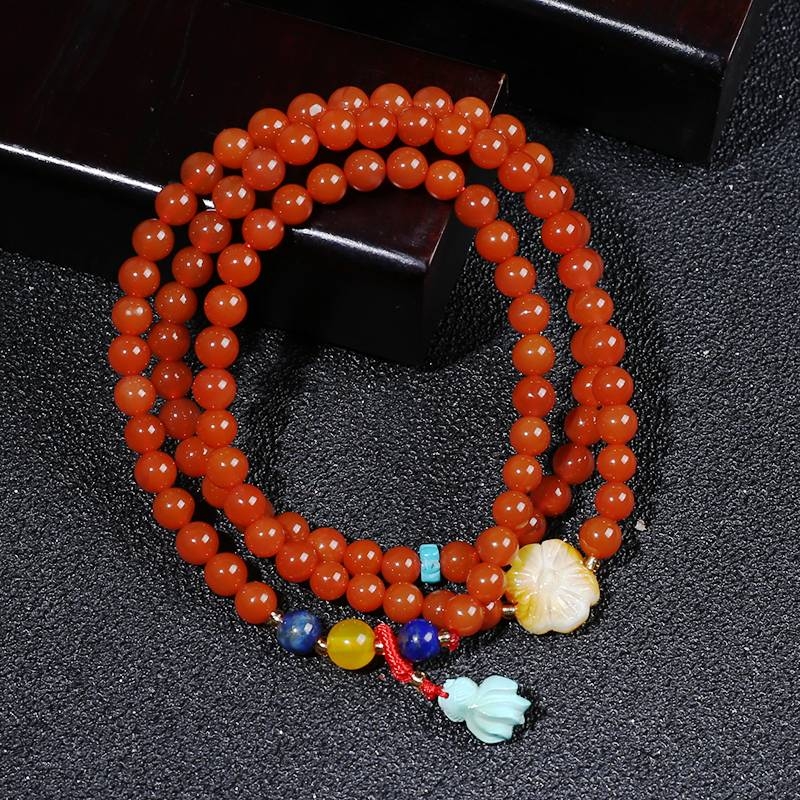 天然南红玛瑙手链女士三圈新颖手链天然蜜蜡 原矿绿松石金鱼点缀