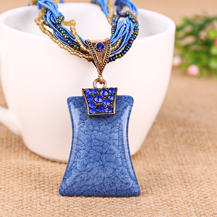 欧美复古首饰波西米亚民族风松石方块吊坠项链锁骨链女饰品 批发