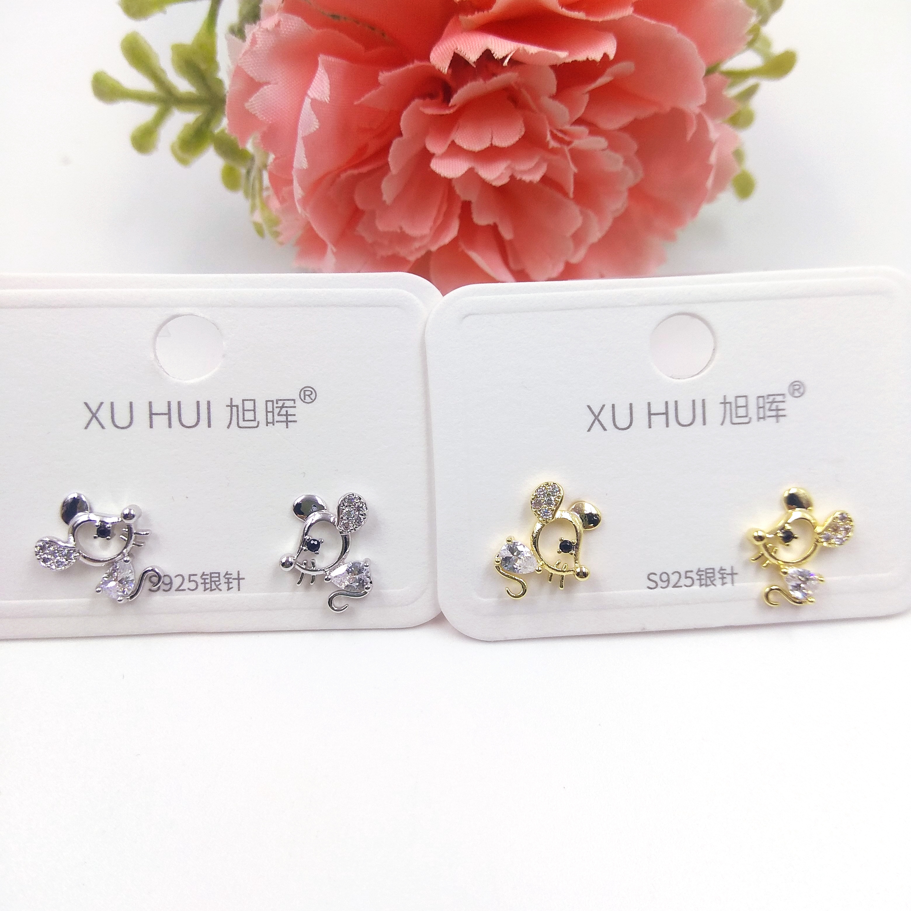 S925银针 小老鼠耳钉 铜镀真金镶4A锆石 简约时尚高品质饰品