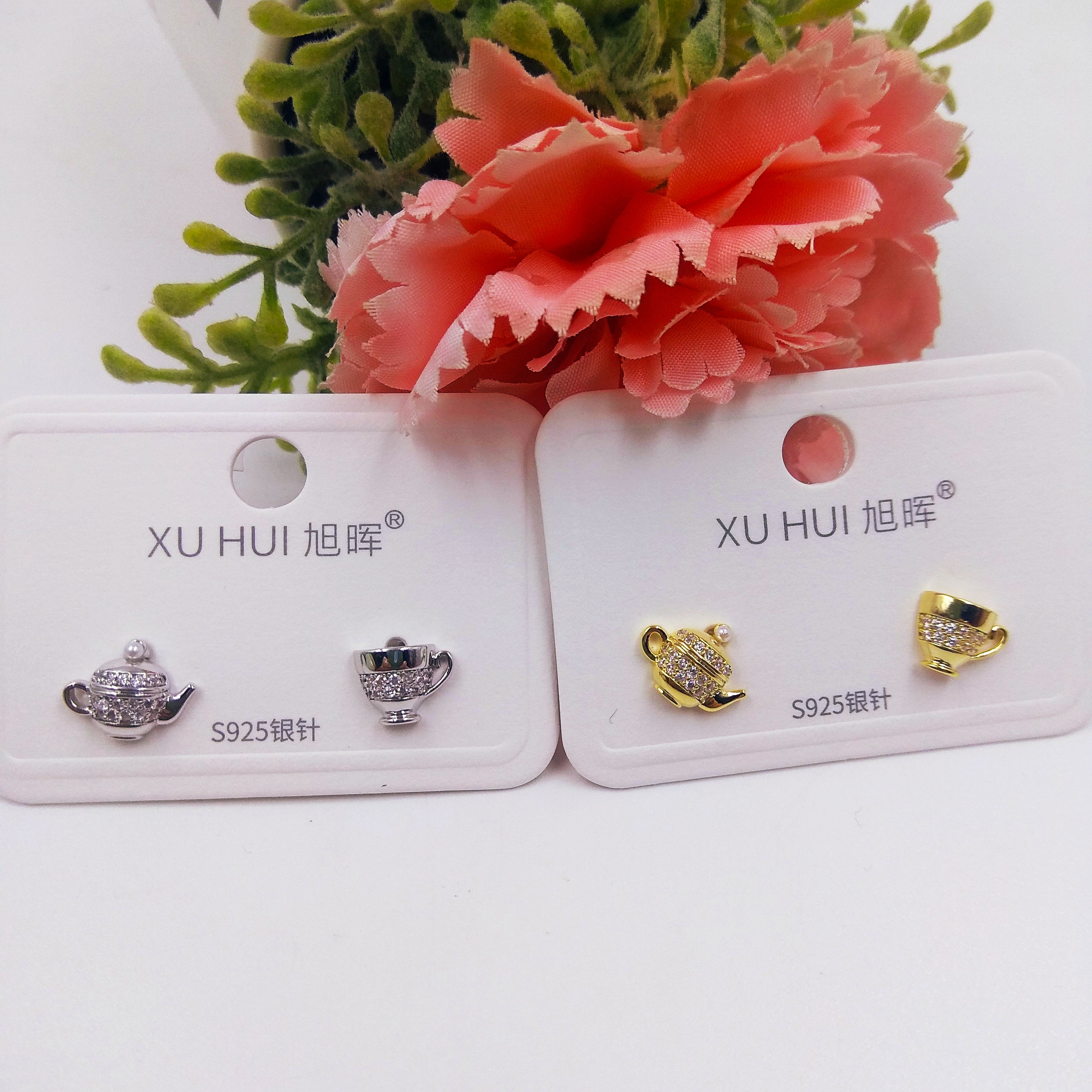 S925银针茶壶小耳钉 铜镀真金镶4A锆石 简约时尚高品质饰品