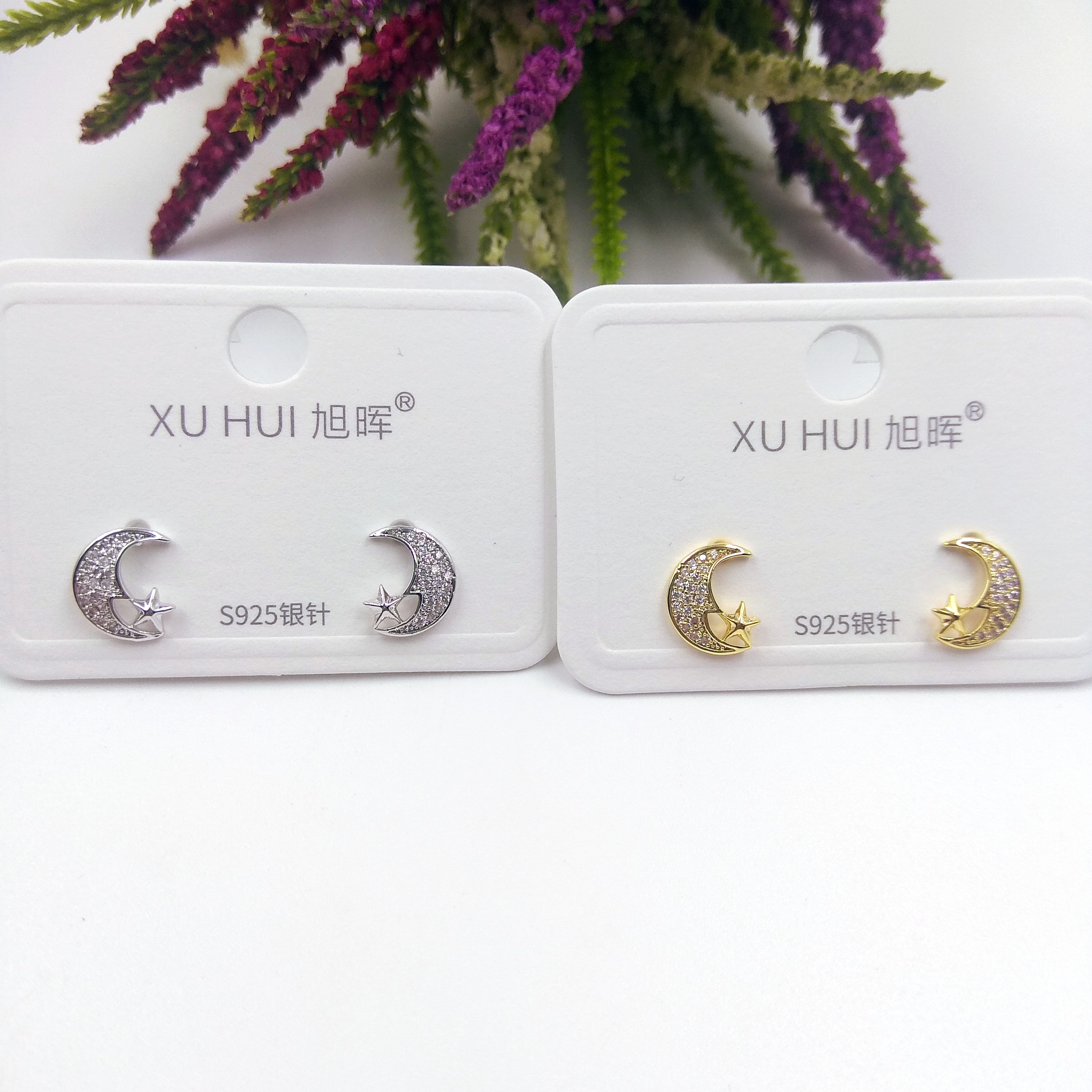 S925银针 星月小耳钉 铜镀真金镶4A锆石 简约时尚高品质饰品