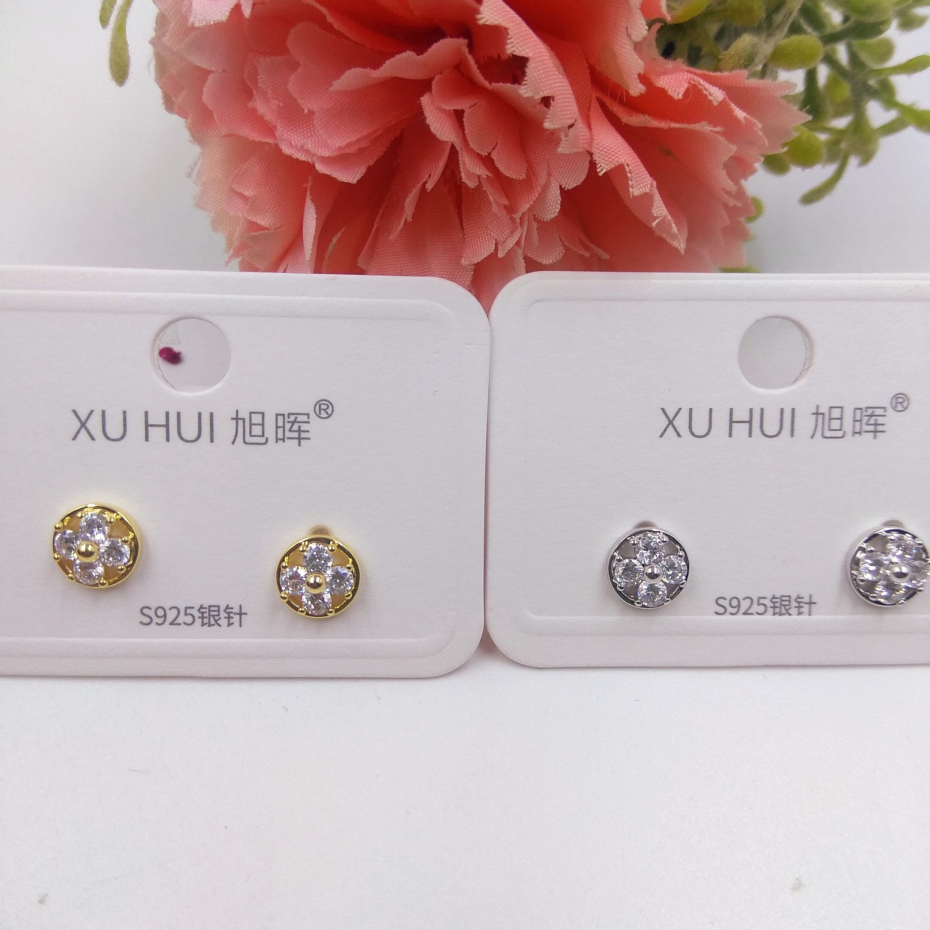 S925银针 圆形小耳钉 铜镀真金镶4A锆石 简约时尚高品质饰品